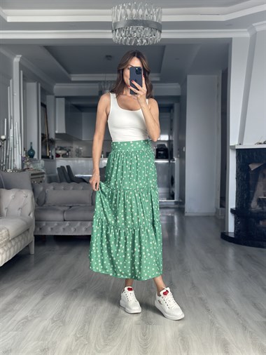 Yeşil Papatya Desenli Midi Boy Kadın Etek