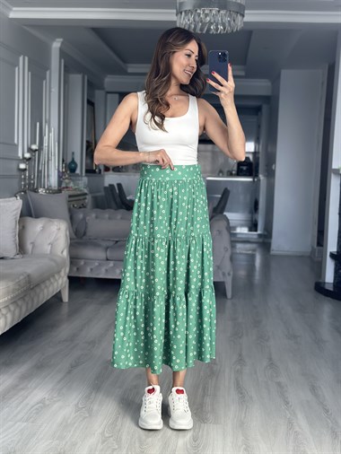 Yeşil Papatya Desenli Midi Boy Kadın Etek