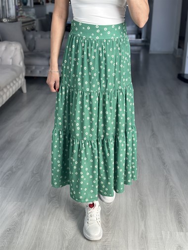 Yeşil Papatya Desenli Midi Boy Kadın Etek