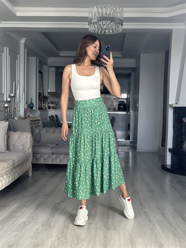 Yeşil Papatya Desenli Midi Boy Kadın Etek