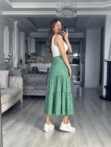 Yeşil Papatya Desenli Midi Boy Kadın Etek