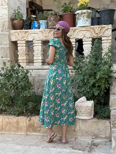 Yeşil Pembe Çiçekli Önü Bağcıklı Viskon Kadın Elbise