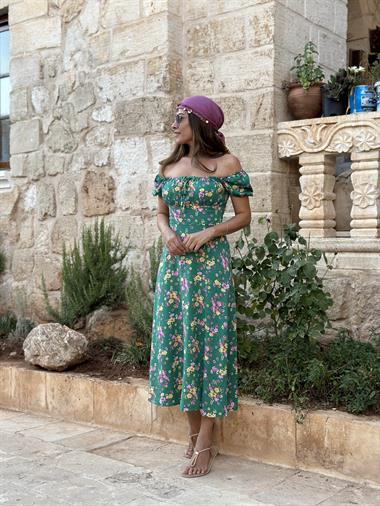 Yeşil Pembe Çiçekli Önü Bağcıklı Viskon Kadın Elbise