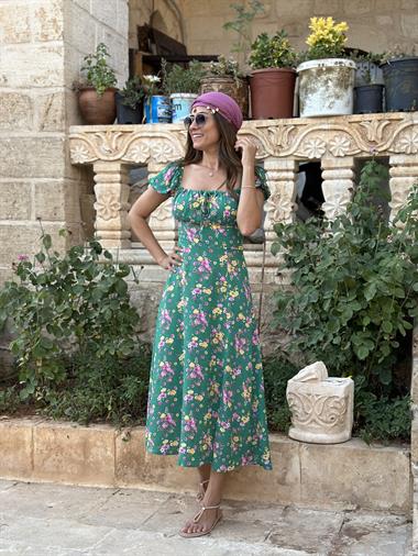 Yeşil Pembe Çiçekli Önü Bağcıklı Viskon Kadın Elbise