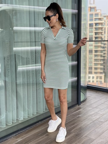 Yeşil Polo Yaka Fitilli Penye Elbise