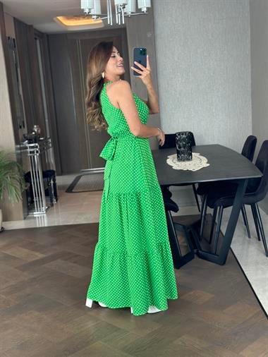Yeşil Puantiyeli Yüzücü Yaka Maksi Boy Yırtmaçlı Kadın Elbise