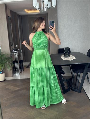 Yeşil Puantiyeli Yüzücü Yaka Maksi Boy Yırtmaçlı Kadın Elbise