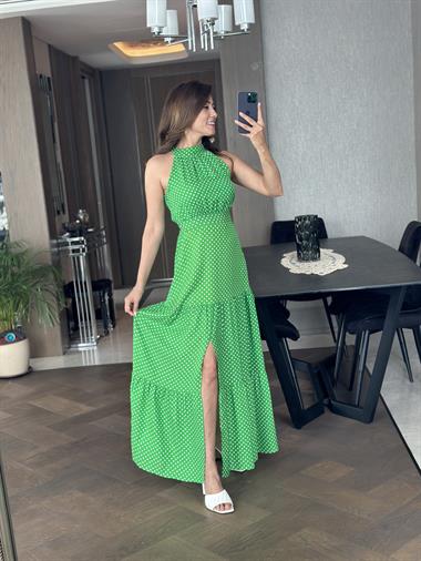 Yeşil Puantiyeli Yüzücü Yaka Maksi Boy Yırtmaçlı Kadın Elbise