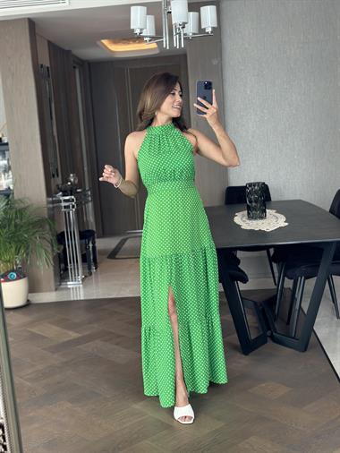 Yeşil Puantiyeli Yüzücü Yaka Maksi Boy Yırtmaçlı Kadın Elbise