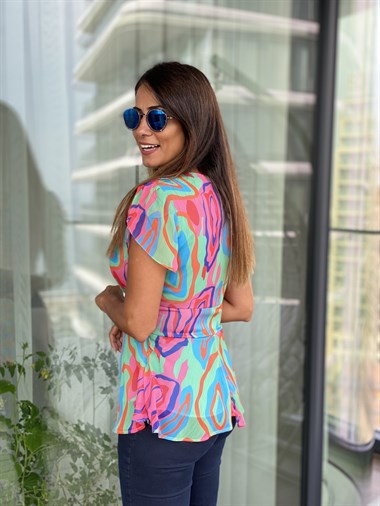 Yeşil Renkli Kruvaze Yaka Şifon Kadın Bluz