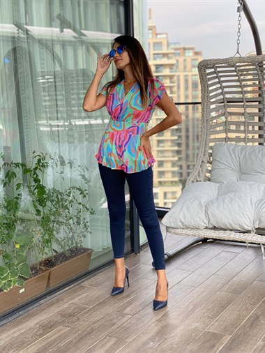 Yeşil Renkli Kruvaze Yaka Şifon Kadın Bluz