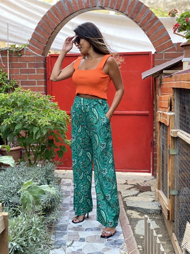 Yeşil Şal Desen Bel Lastikli Bol Paça Yürüyüş Kadın Pantolon