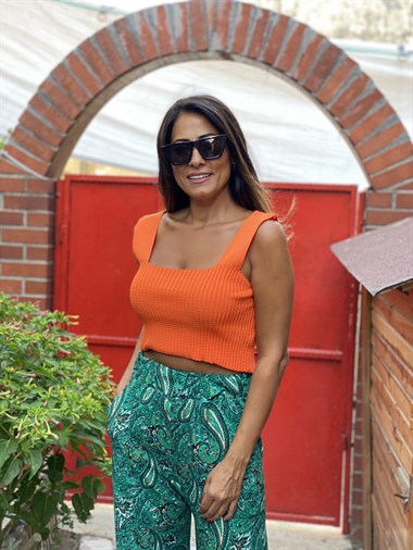 Yeşil Şal Desen Bel Lastikli Bol Paça Yürüyüş Kadın Pantolon