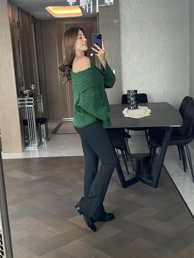 Yeşil Şal Yaka Fitilli Kadın Triko Kazak