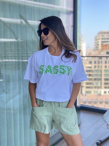 Yeşil Sassy Boncuk Detaylı Kadın T-Shirt