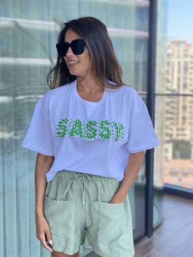 Yeşil Sassy Boncuk Detaylı Kadın T-Shirt