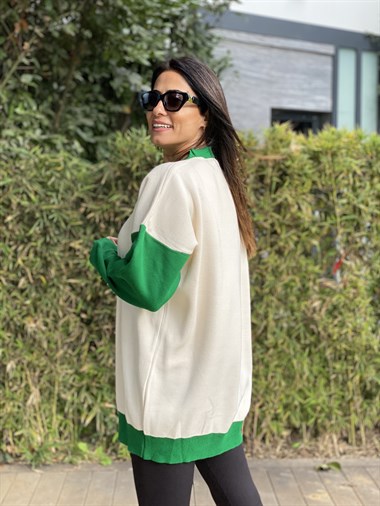 Yeşil Şerit Detaylı Düğmeli Kadın Hırka