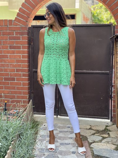 Yeşil Sıfır Kol Dekolteli Örgü Kadın Bluz