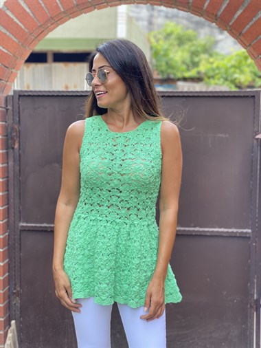 Yeşil Sıfır Kol Dekolteli Örgü Kadın Bluz