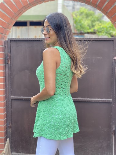 Yeşil Sıfır Kol Dekolteli Örgü Kadın Bluz