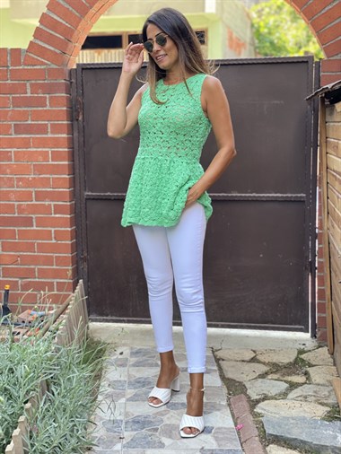 Yeşil Sıfır Kol Dekolteli Örgü Kadın Bluz