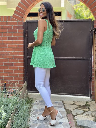 Yeşil Sıfır Kol Dekolteli Örgü Kadın Bluz