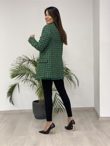 Yeşil Simli Eteği Püsküllü Tüvit Kadın Ceket