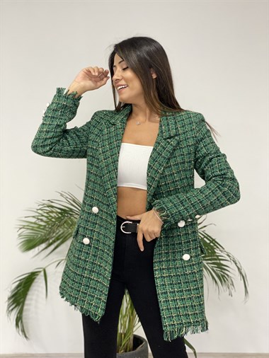 Yeşil Simli Eteği Püsküllü Tüvit Kadın Ceket