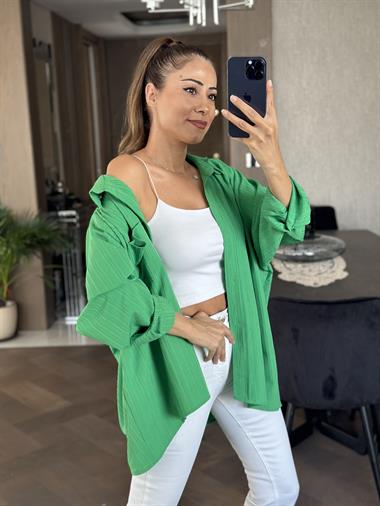 Yeşil Tek Cepli Dokulu Salaş Kadın Gömlek