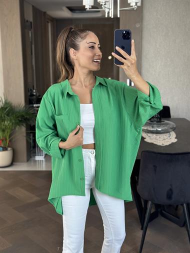 Yeşil Tek Cepli Dokulu Salaş Kadın Gömlek