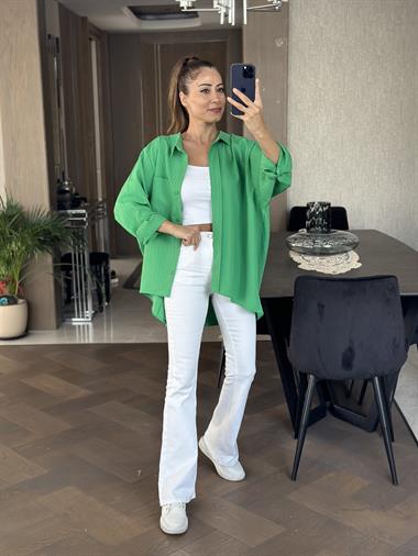 Yeşil Tek Cepli Dokulu Salaş Kadın Gömlek