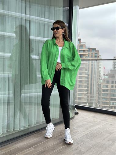 Yeşil Tek Cepli Oversize Kadın Gömlek