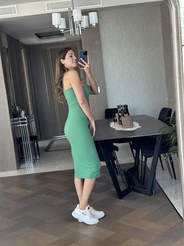 Yeşil Tek Omzu Açık Fitilli Kaşkorse Kadın Elbise