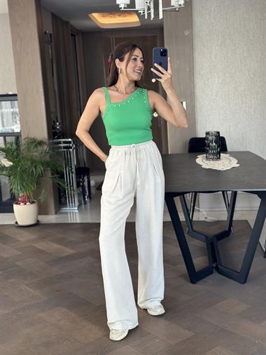 Yeşil Tek Omzu Kalın Biyeli Önü Taşlı Kadın Body