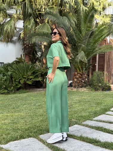 Yeşil Tin Tin Crop Gömlek Pantolon Kadın İkili Takım