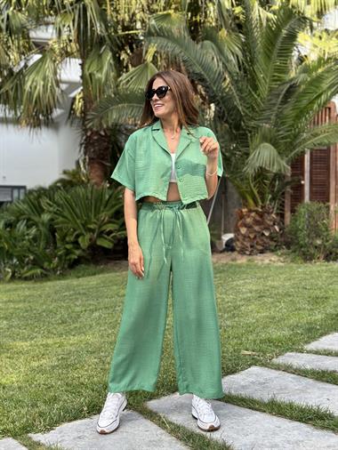 Yeşil Tin Tin Crop Gömlek Pantolon Kadın İkili Takım