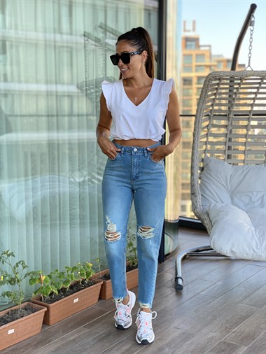 Yeşil Tint Poema Yırtık Detay Kadın Mom Jean