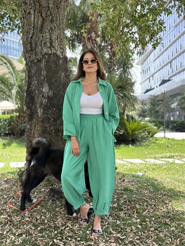 Yeşil Truvakar Kol Gömlek Balon Pantolon Kadın Tnsel Alt Üst Takım