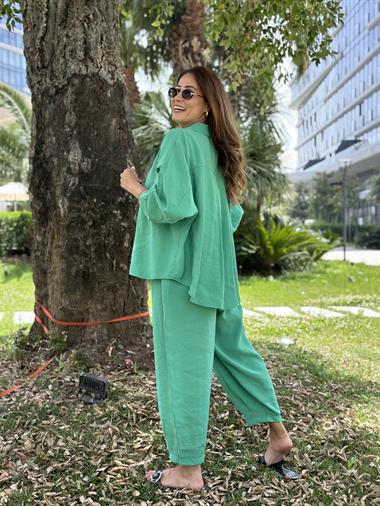 Yeşil Truvakar Kol Gömlek Balon Pantolon Kadın Tnsel Alt Üst Takım