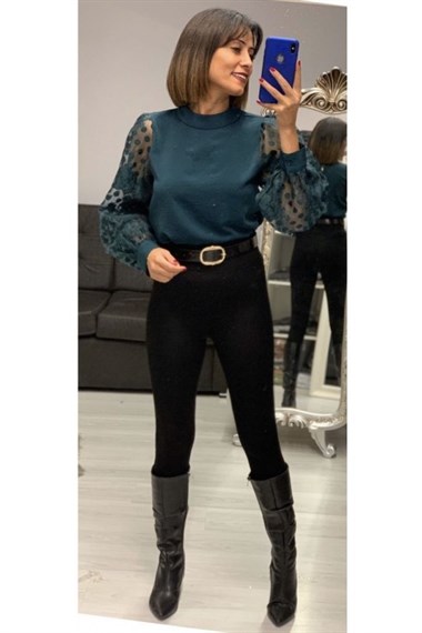 Yeşil Volanlı Kolları Organze Bluz