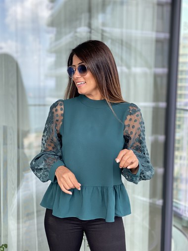 Yeşil Volanlı Kolları Organze Bluz