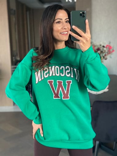 Yeşil Wisconsin Bisiklet Yaka İki İplik Kadın Sweatshirt