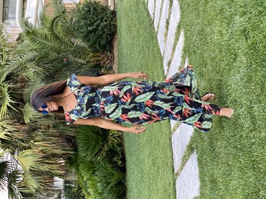 Yeşil Yakası Volanlı Şifon Kadın Elbise