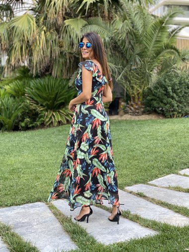 Yeşil Yakası Volanlı Şifon Kadın Elbise