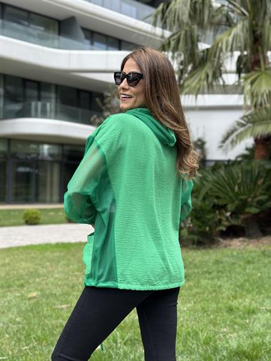 Yeşil Yan File Kapüşonlu Keten Aerobin Kadın Ceket