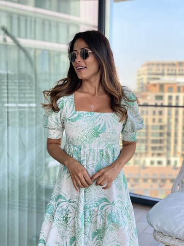 Yeşil Yaprak Desenli Kare Yaka Karpuz Kol Kadın Elbise