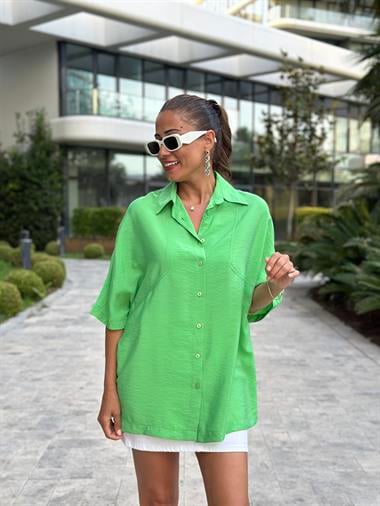 Yeşil Yarasa Kol Çift İğne Salaş Kadın Gömlek