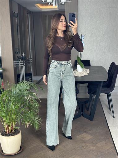 Yeşil Yıkamalı Kesik Paça  Wide Leg Kadın Jean Pantolon