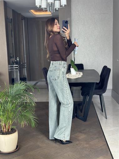 Yeşil Yıkamalı Kesik Paça  Wide Leg Kadın Jean Pantolon