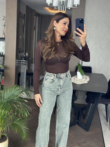 Yeşil Yıkamalı Kesik Paça  Wide Leg Kadın Jean Pantolon